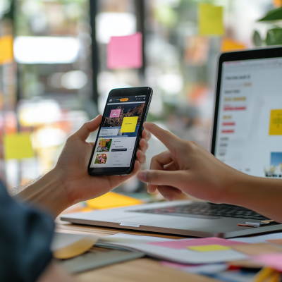 Ein Influencer im Gespräch zeigt auf sein Handy